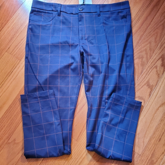 Hawthorne slim leg pants in navy blue with rust stripe window pane check. - Picture 3 of 3